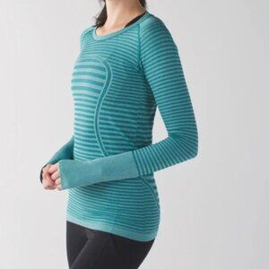 Vintage Lululemon Swiftly Tech blueish green striped long sleeve top